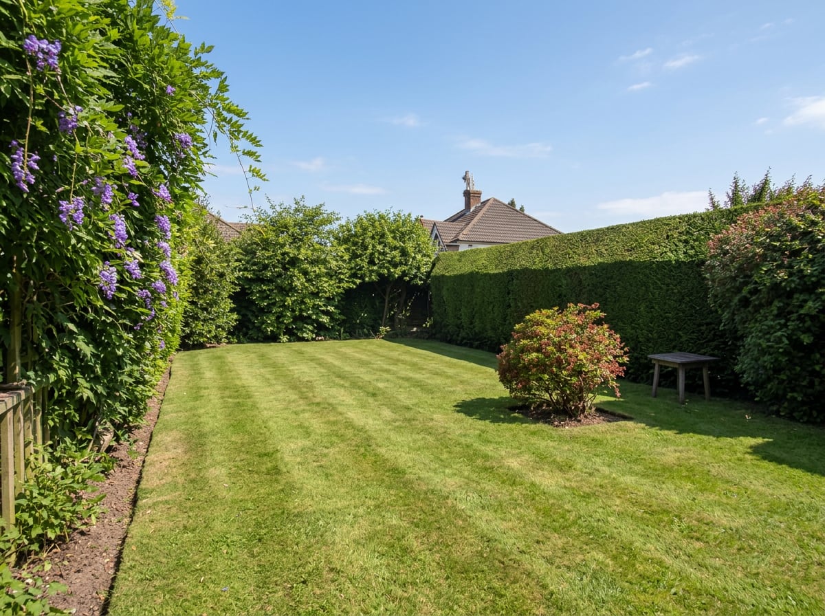 Le même jardin avec une pelouse tondue net et une haie taillée droite