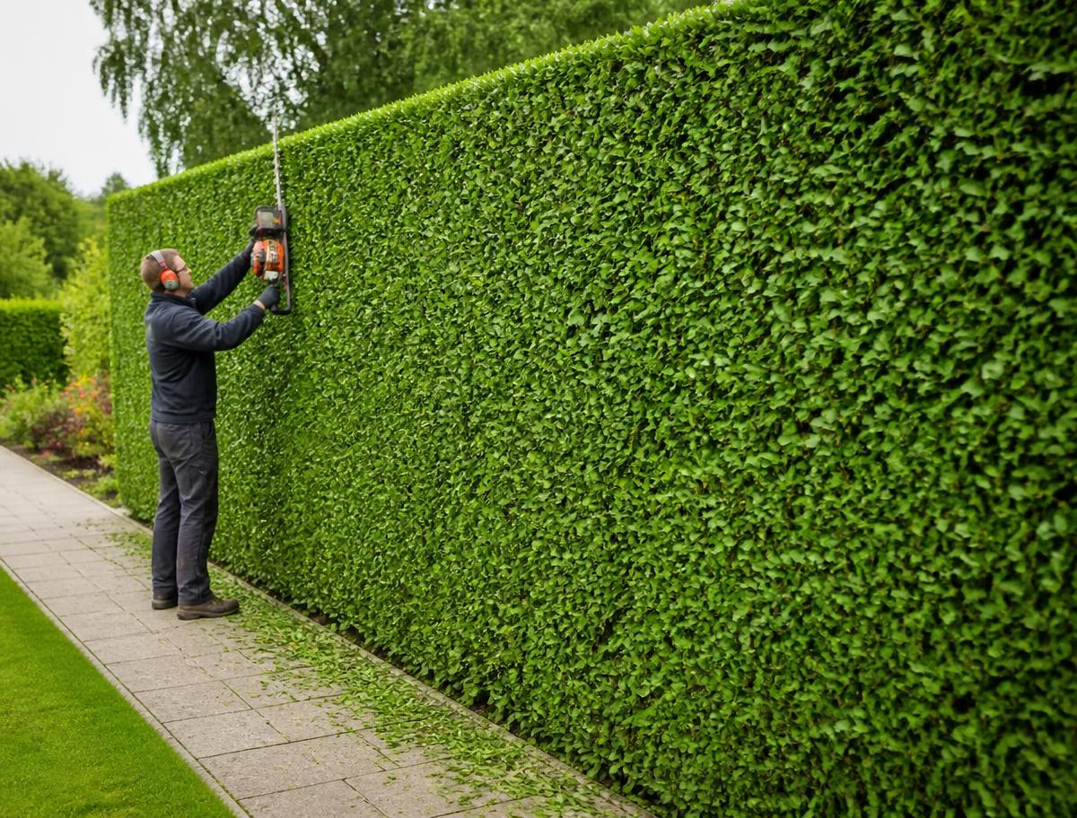 Jardinier taillant une haute haie verte au taille-haie thermique